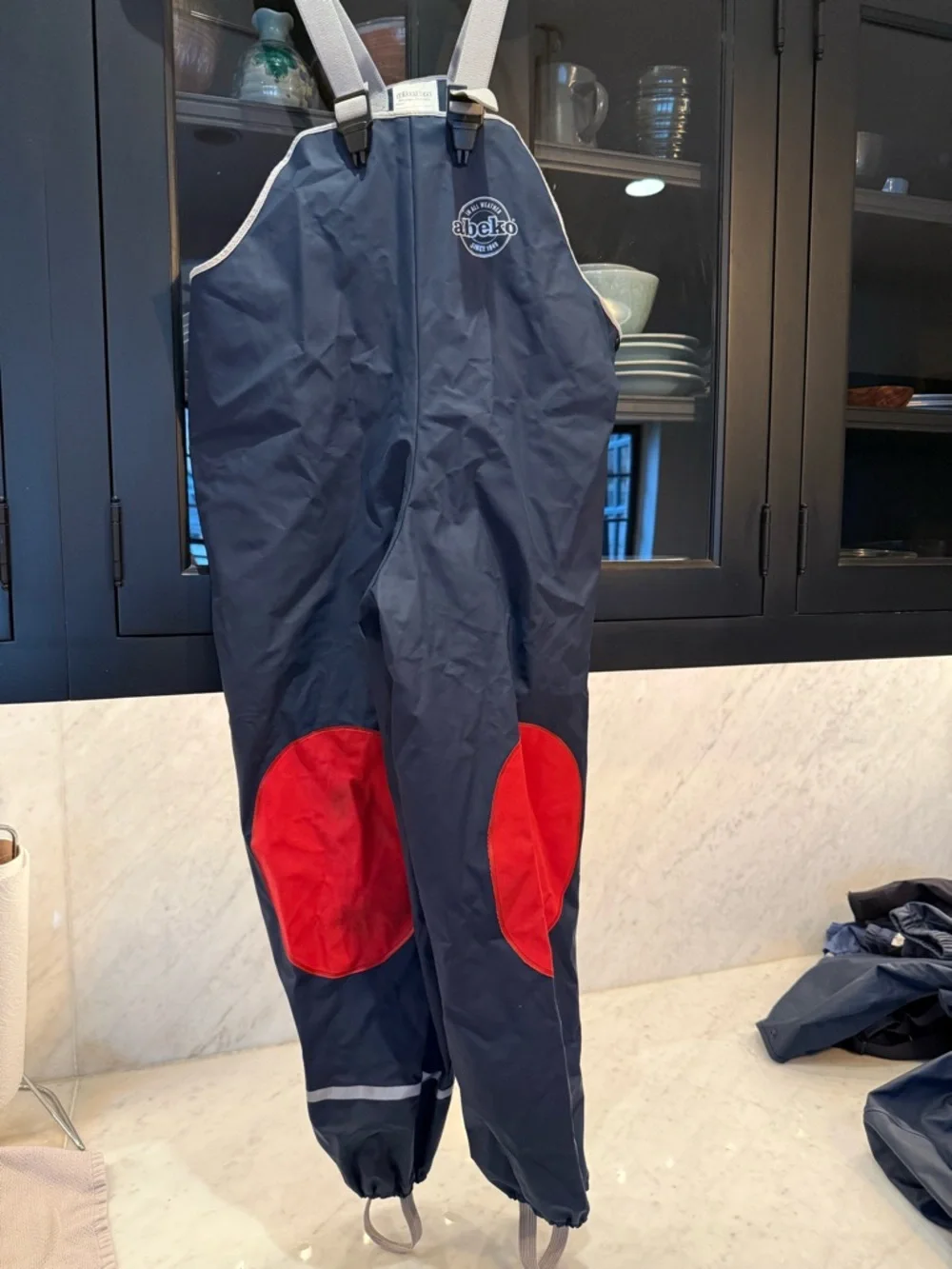Abeko Navy Waterproof Bib Overalls with Red Knee Patches Size 130 (US 8) - Picture 1 of 4